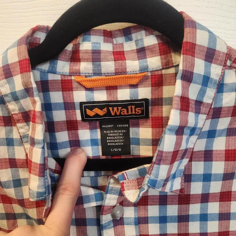 Walls Men's Short-Sleeve Checkered Plaid Button Up Shirt -Size Large